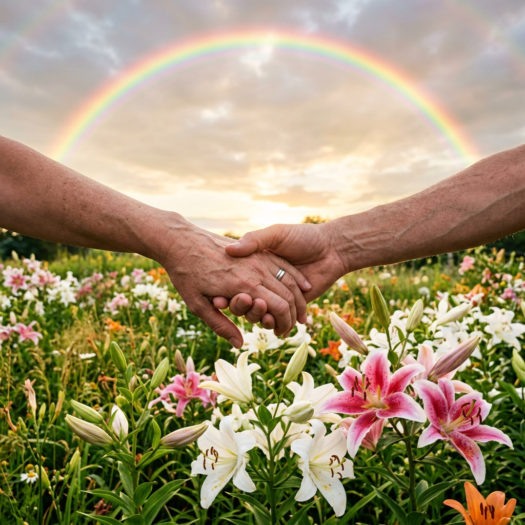 Two hands holding each other above a field of pink, white, and orange lilies with a rainbow in the sky