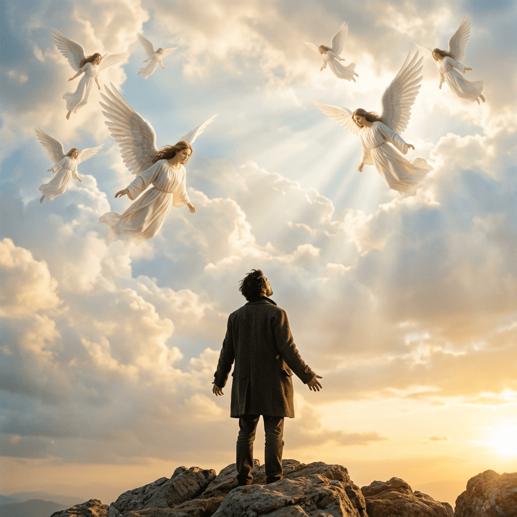 Current image: Man standing on rocky hill looking up at seven angels flying among clouds