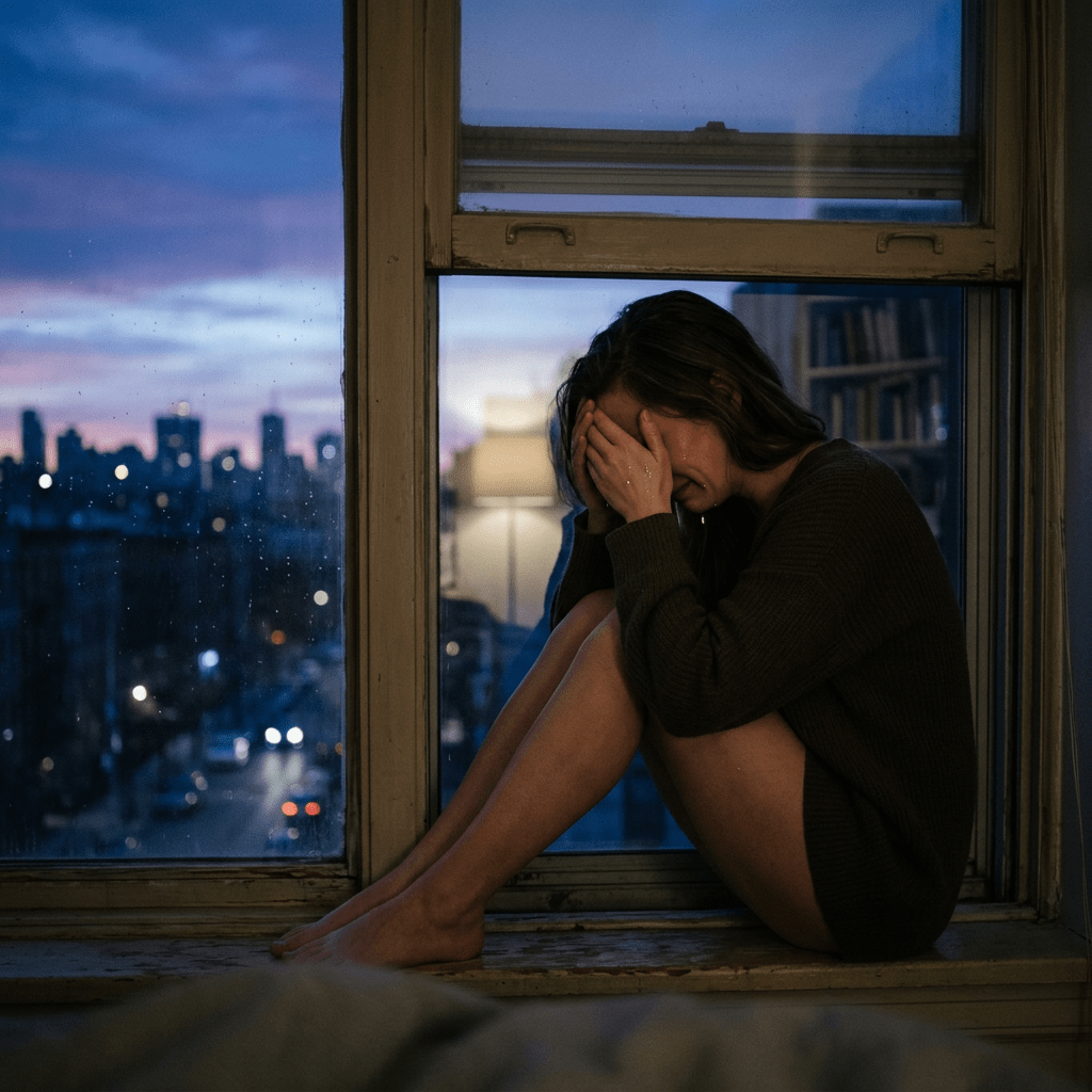 Current image: Woman sitting on window ledge covering face with hands at dusk