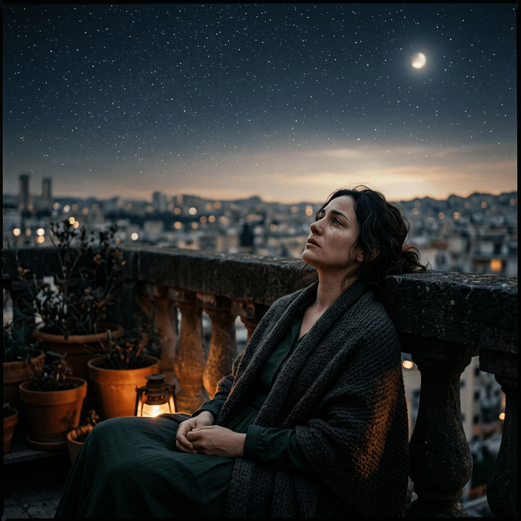 Current image: A contemplative woman wrapped in a shawl sitting on a stone balcony at night, looking up at a starry sky with a crescent moon.