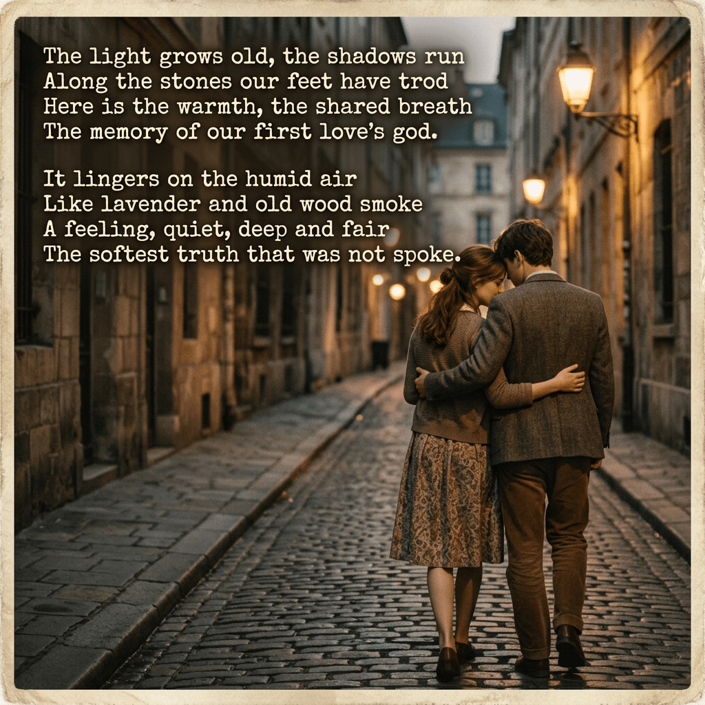 Current image: Couple walking arm in arm on cobblestone street at dusk with poem text overlay