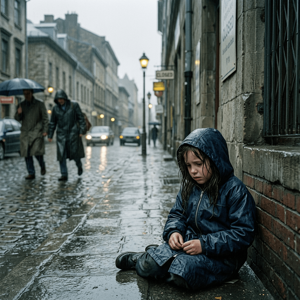 Current image: Child in blue raincoat sitting on wet pavement against brick wall in rain