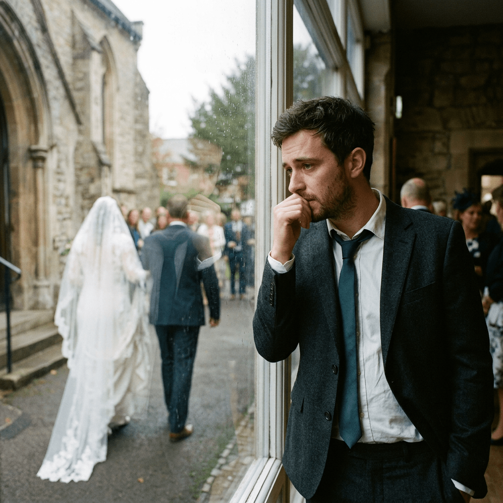 Current image: Man in suit looking pensively out window at bride and groom walking outdoors