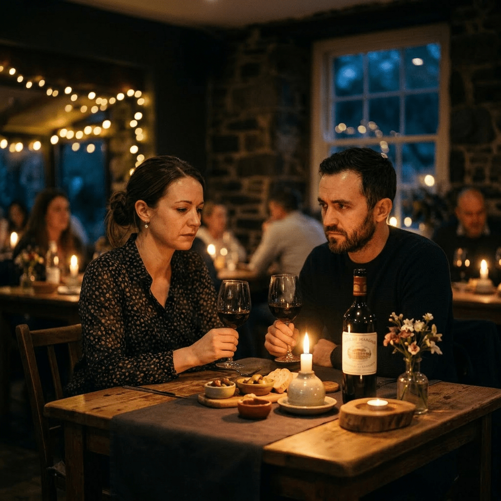 Current image: Couple smiling and clinking wine glasses at a candlelit restaurant table