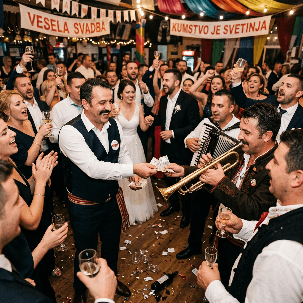 Current image: Crowd celebrating at a wedding with music, dancing, and toasts