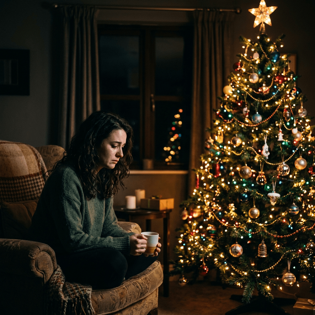 Current image: Woman sitting on armchair holding a mug next to a lit and decorated Christmas tree