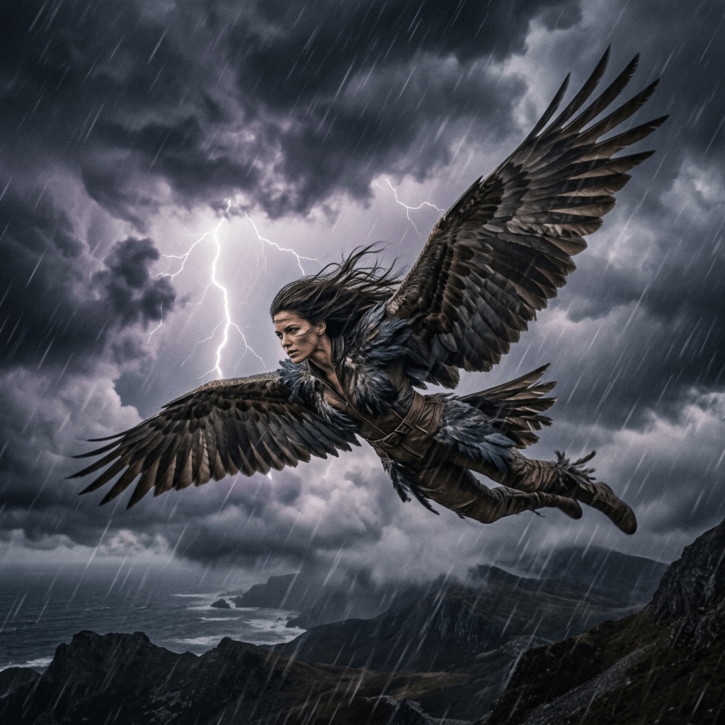 Current image: Winged warrior flying over cliffs in stormy weather with lightning and rain