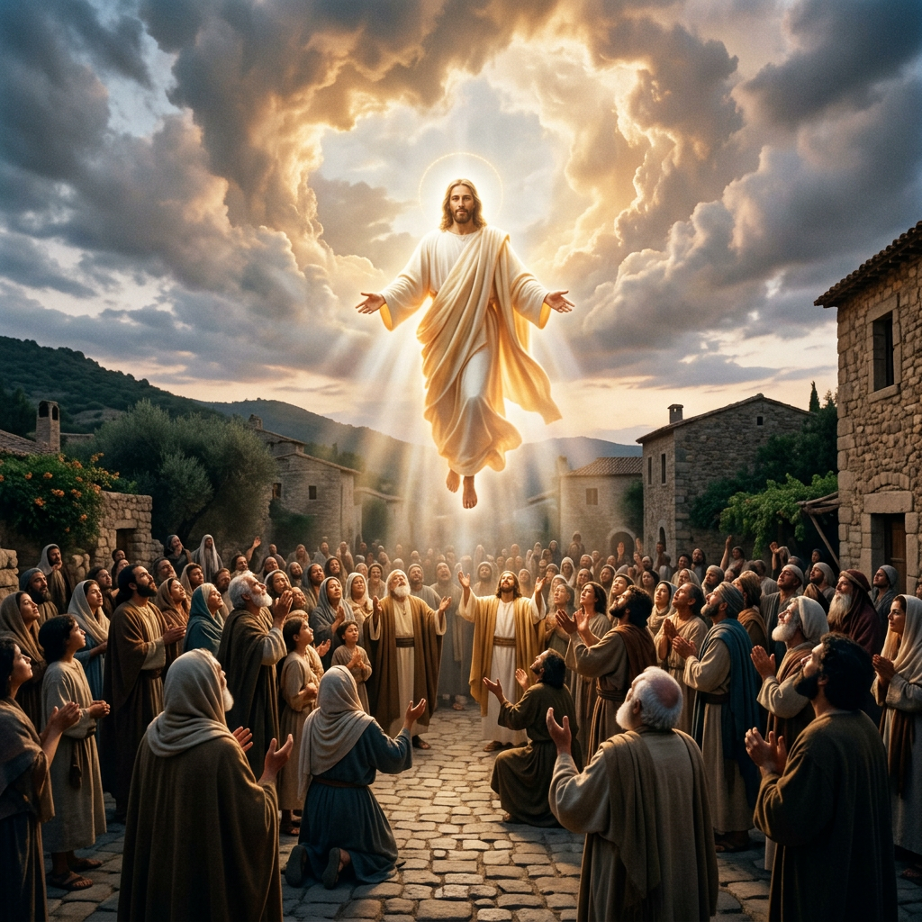 Jesus Christ ascending with arms outstretched as followers look up in awe.