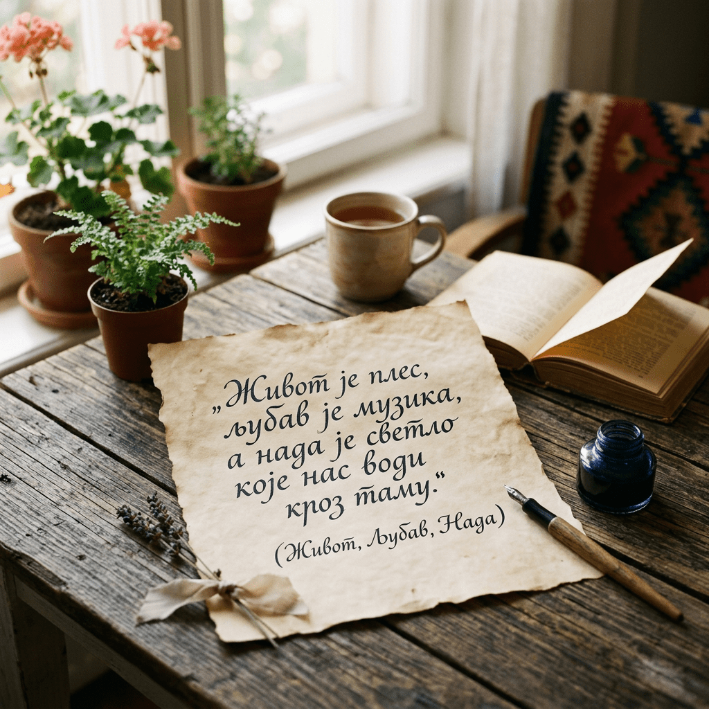 Current image: Handwritten quote on aged paper with ink pen, cup of tea, open book, and potted plants on wooden table