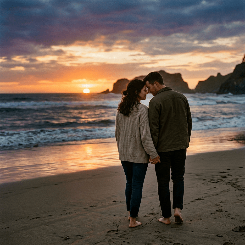 Current image: Couple holding hands walking barefoot on the beach at sunset