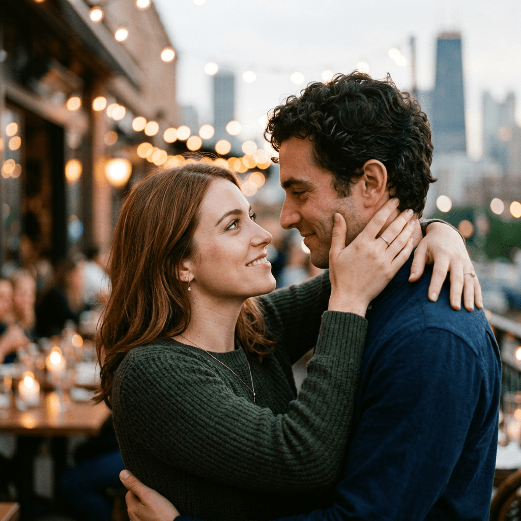 Current image: Couple embracing outdoors with blurred city skyline and string lights behind them